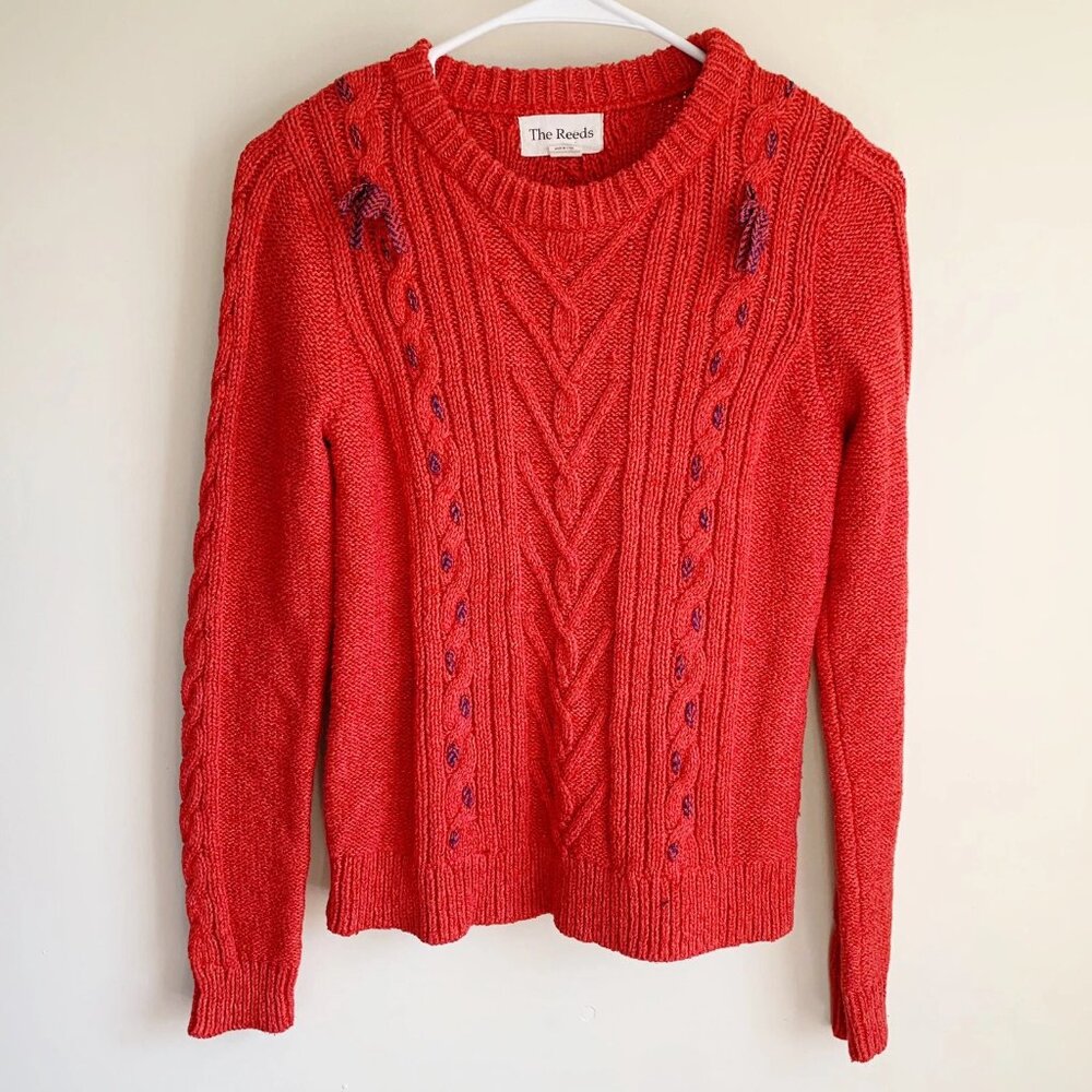 The Reeds J Crew Red Chunky Cable Knit Tassel Pullover Sweater Size Small